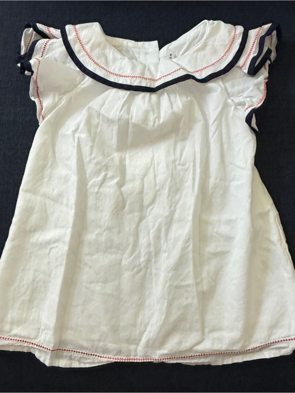 Girls White Ruffle Collar Dress with Navy Trim